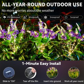 Neporal Solar Flowers Outdoor Waterproof Purple, 4PK 8-Stem Lilac Garden Solar Lights Decorative, 2 Lighting Modes, Solar Powered Garden Decor, Solar Yard Decor