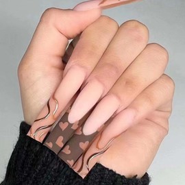 Hkanlre Long French Press on Nails Tips Coffin Fake Ballerina Swirl Nails Heart Full Cover False Nails for Women and Girls 24PCS