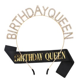 Larrel Birthday Queen Sash and Crown, Birthday Tiara for Women Elegant Gold Princess Tiaras Birthdays Queen Crown Headband Hair Accessories for Christmas Party Costume