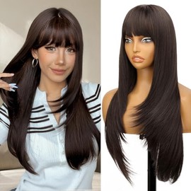 Nnzes Long Straight Dark Brown Wig for Women with Bangs, Layered Style, Realistic Scalp, Freestyle Parting, Natural-Looking Heat-Resistant Synthetic Hair for Daily & Party Use 26"