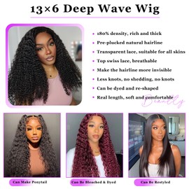 Flynet 13x6 Deep Wave Lace Front Wigs Human Hair 200% Density Deep Curly Frontal Glueless HD Lace Wigs Human Hair Pre Plucked with Baby Hair for Women（22inch,Natural Black