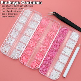 YAEISM 5000PCS Nail Pearls and Flower Nail Charms Kits 2 Box Resin White Pink Half Round Pearls Mix Sizes 3D Flower Nail Art with Pickup Pencil and Tweezer for Manicure DIY Crafts Accessories