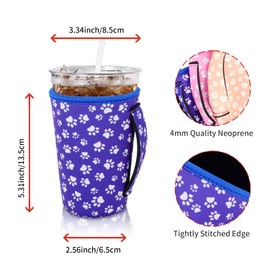 4Pack Reusable Iced Coffee Sleeve Insulator Sleeves for Cold Drinks Beverages, Neoprene Cup Holder for Most Coffee, Fits 22-24oz Medium Cups (Paw with handle)