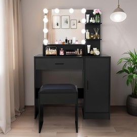 ROCKRAIN Makeup Vanity Desk with Mirror: Modern Black MDF Dressing Table - 3 Adjustable Lighting Modes & Large Storage for Women - Home Bedroom & Beauty Salon Organization