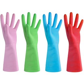 URBANSEASONS Dishwashing Rubber Gloves for Cleaning – 4 Pairs Household Gloves Including Blue, Pink, Green and Red, Non Latex and Fit Your Hands Well, Great Kitchen Tools