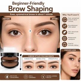 Double Colour Eyebrow Stamp Kit, Waterproof Sweat Proof Natural Matte Brow Powder with 3 Pairs Reusable Interchangeable Eyebrow Stencils & Brush (#02)