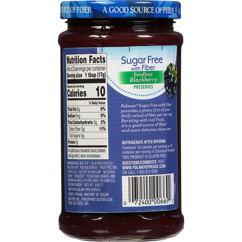 Polaner Sugar Free with Fiber, Seedless Blackberry Preserves, 13.5 Ounce