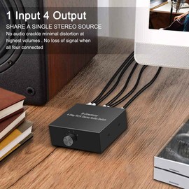 Aswalling 4-Way Stereo L/R Sound Channel Bi-Directional Audio Switcher, 1 in 4 Out /4 in 1 Out, Audio Switch Splitter for Speaker