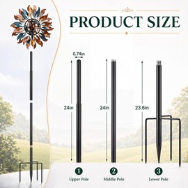 Glossy Black 72" h Replacement Pole for Large Wind Spinner, Windmill Replacement Parts, Three-Part Composition, 22mm Thicker Tube, Easy Assembly for Large Metal Wind Spinner (4 Prongs Base)