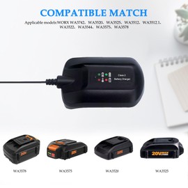Charger 18V - 20V Li-ion Batteries Compatible with Worx WA3742 WA3520 WA3525 WA3578 WA3512 Power Supply Replaceable WA3732 WA3875 WA3881 Battery Charging Base Adapter Cord