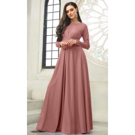 KOH KOH Womens Long Full Sleeve Sleeves Flowy Empire Waist Fall Winter Modest Formal Floor Length Abaya Muslim Bridesmaid Bridal Gown Gowns Maxi Dress Dresses, Cinnamon Rose Pink M 8-10