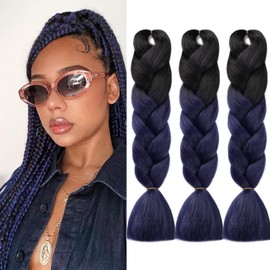 Black Blue Braiding Hair Extensions Pre stretched braiding hair 3 Packs 24inch Soft Synthetic Jumbo Braiding Crochet Hair for Girls #Black-Blue