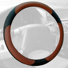 FH Group Universal Fit Perforated Genuine Leather Steering Wheel Cover Fits Most Cars, SUVs, and Brown