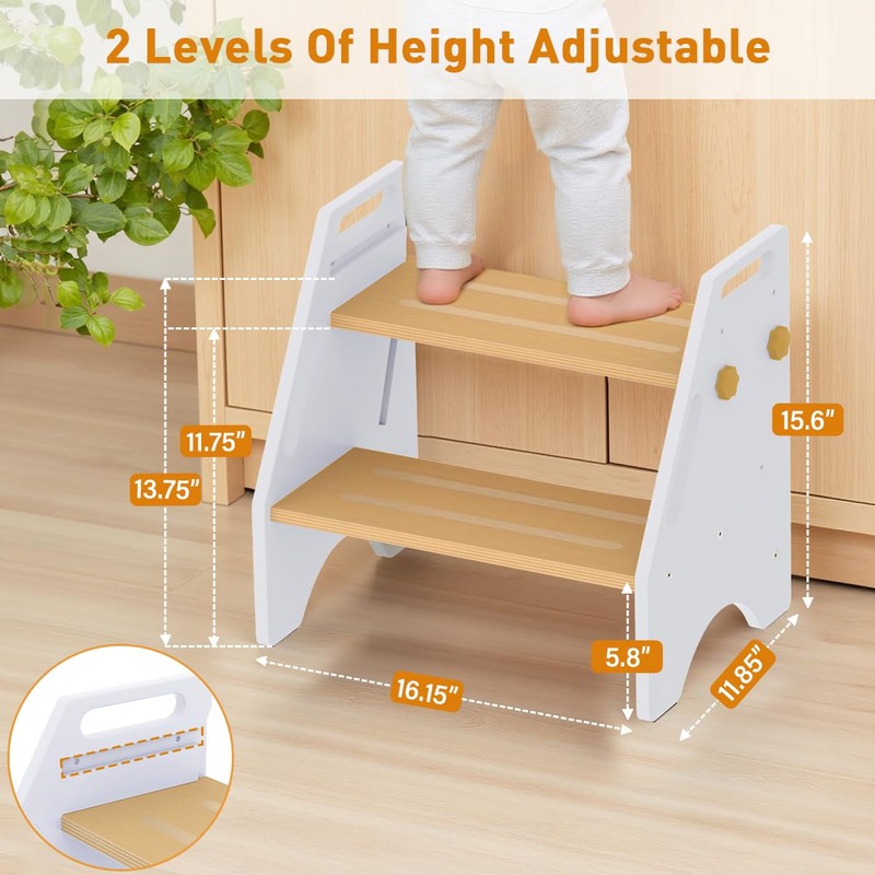 Toddler Step Stool, Wooden Height-Adjustable 2 Step Stool for Kids,