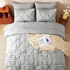 CozyLux Queen Comforter Set Light Grey, 7 Pieces Pintuck Bed in A Bag, Premium Gray Comforter Queen Size, Pinch Pleat Bedding Sets with Comforter, Flat Sheet, Fitted Sheet, Pillowcases & Shams
