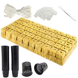 Vndnsy 122Pcs Rockwool Planting Seeds Cubes - Hydroponics Mesh Net Cup Kit - Include 50P Rockwool Cubes, 50P Hydroponics, 20 Plant Tags, 1 Tweezers, 6m water cotton rope for Rooting Starting Seeds