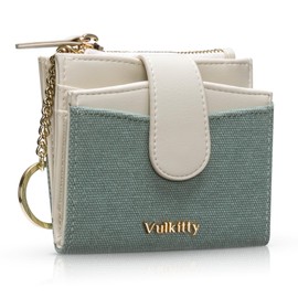 Vulkitty Womens Credit Card Holder Slim Minimalist Canvas & Leather Card Wallet, RFID Blocking Ladies Purses with Keychain Zipped Coin Pocket Bifold Front Pocket Wallet