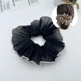 Pleated Scrunchie Large Chiffon Hair Tie Voluminous Hair Scrunchie Women's Hair Accessory Daily Hairband Black / 플리츠슈슈 대형 쉬폰 머리끈 볼륨 헤어슈슈 여성 머리악세사리 데일리 헤어밴드 블랙