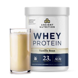 Ancient Nutrition Grass Fed Whey Protein, Vanilla Bean, 23g Protein, 20 Servings, Hydrolyzed Collagen Peptides, Organic Regenerative A2/A2 Milk Protein