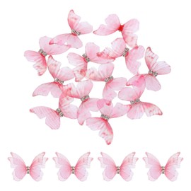 uxcell 20Pcs Sheer Mesh Butterfly Appliques, 30mm Two Layers Butterflies with Gem Applique Patch DIY 3D Craft Ornament for Wedding Party Home Decor Clothes, Deep Pink