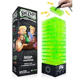ShiZap! - Illuminated Electric Shock Stacking Block Game, Plastic Tumble Tower Blocks, Shocking Tweezers, LED Base That Plays Suspenseful Music, Family Fun Party Games for Teenage Boys, Girls, Adults