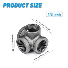 1/2" 4-Way Side Outlet Tee, Home TZH 4-Pack 4-Way Corner Cast Black Malleable Iron Pipe Fitting for Industrial Pipe, Furniture and DIY Decoration (4, 1/2")