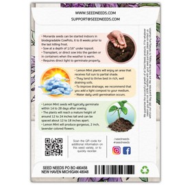 Seed Needs, Lemon Mint Seeds - 500 Heirloom Seeds for Planting Monarda citriodora - Annual Medicinal Herb for Indoors/Outdoors, Non-GMO & Untreated (2 Packs)