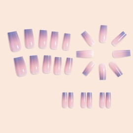 Hkanlre Press on Nails Medium Purple Fake Nails Tips Full Cover Square False Gradient Nails for Women and Girls 24PCS