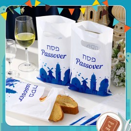 Janlaugh 100 Pcs Passover Seder Afikoman Bags Matzah Cover and Afikomen Holder Plastic Gift Bags with Handle 9.84''x6.5'' Reusable Snack Goodie Treat Pouch for Jewish Holiday Party Favor Supplies