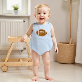 Eurvoku Newborn Baby Boy Football Outfit Rugby Embroidery Sleeveless Bubble Romper Seersucker Stripe Bodysuit Summer Clothes (Blue, 0-3 Months)