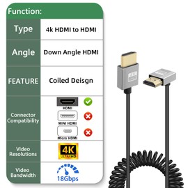 GELRHONR 4k HDMI Coiled Cable, Male-to-Male HDMI Extension Cable Spring Flexible Cable, High Speed 4K@60HzHDMI to HDMI 2.0 Cable Slim, Support ARC, 3D, HD TV, Laptop, PC, Projector (Down Angle)