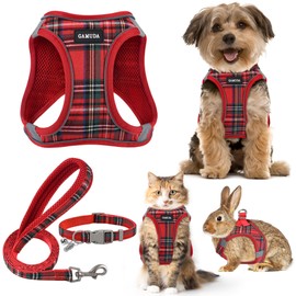 GAMUDA Small Dog Harness Collar and Leash Set, Step in No Chock No Pull Soft Mesh Adjustable Dog Vest Harnesses Plaid Reflective for Dogs Puppy Cats Kitten Rabbit (Red, XXS)