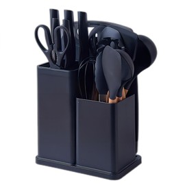 19 Pieces Kitchen Utensils and Knife Set with Block, with 9 Piece Silicone Cooking Utensils Set 5 Piece Sharp Stainless Steel Chef Knives Scissors Whisk Tongs and Cutting Board (19 in 1) (Black)