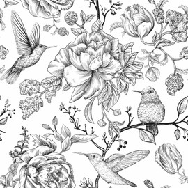 Vintage Floral Wallpaper Black and White Floral Peel and Stick Wallpaper Flowers Hummingbirds Removable Wallpaper Floral Contact Paper Vinyl Butterfly Self Adhesive Wall Paper 17.7inchx118.1inch