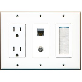 RiteAV - (3 Gang) 15A Power Outlet Mesh-Brush Coax Shielded Cat6 Wall Plate White