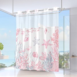 TWLSNCD No Hook Shower Curtain with Snap in Liner, Beach Ocean Nautical Coastal Shower Curtains and Liner Set for Bathroom, Seashell Hotel Fabric Bath Curtain, Waterproof Washable, Pink 71" x 74"