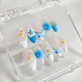 Handmade Nails 3D Flower Almond Press on Nails Medium Length French Tip Thick Acrylic Fake Nails Blue False Nails with Floral Starfish Pearls Designs Summer Nail Art Press on Nails 10Pcs(M)