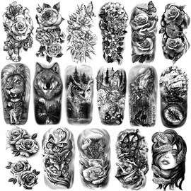 77 Sheets Temporary Tattoos for Men and Women, Half Arm Lion Wolf Owl Snake Rose Realistic Waterproof Fake Tattoo Stickers for Adults