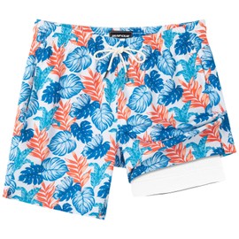 SURF CUZ Mens Swim Trunks with Compression Liner 7" Swimming Trunks Quick Dry Swim Shorts Stretch Bathing Suit Board Shorts Zipper Pockets Multi-Colored Leaves X-Large