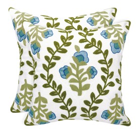 Alysheer Floral Embroidered Summer Decorative Throw Pillow Covers 20"x 20" Set of 2, Farmhouse Cottage Blue Flowers Green Leaves Knit Pattern Cotton Canvas Cushion Case for Couch Bed Living Room