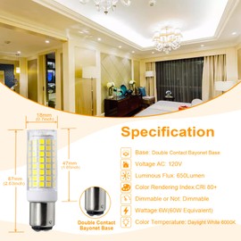 VYAOMLI BA15D LED Bulbs 120V 5W, Double Contact DC Bayonet Base, 40W 50W 60W 500LM T3/T4 Halogen Bulb Equivalent, BA15D Led Light Bulbs for Sewing Machine Pendants Ceil Wall Light (White, 2 Pack)