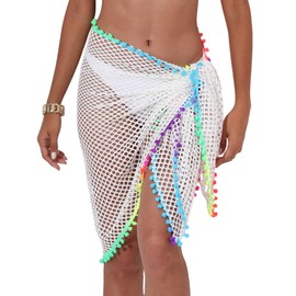 ZAFUL Boho Beach Cover Ups for Women Sarong Coverups Sheer Bikini Chiffon Wraps Skirts for Swimwear, 3-1-mesh Tassel White, One Size