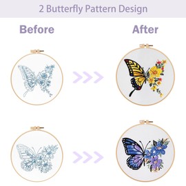Offizon 2 PCS Embroidery Kit for Beginners - Cross Stitch DIY Craft Set, Embroidery Accessories & Hoop Included, Hand Embroidery Kit for Adults Stitching Sewing Kit Gift | Butterfly Patterns