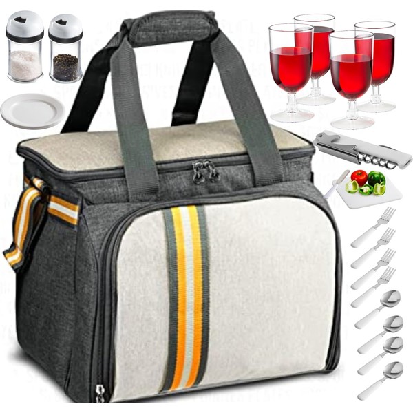 Picnic Basket Upgraded 2023 Model - Includes 4 Plates, Wine Glasses, Forks, Knives, Salt and Pepper Shakers, Wash Cloths and More - All Elegently Packed for Men Or Women