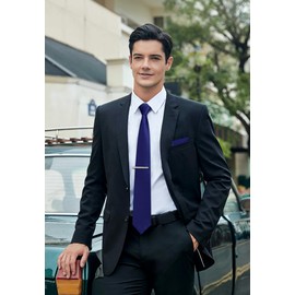 HISDERN Men's Tie Classic Plain Tie and Pocket Square Tie Clip Set Ties for Celebration Wedding Party, darkblue