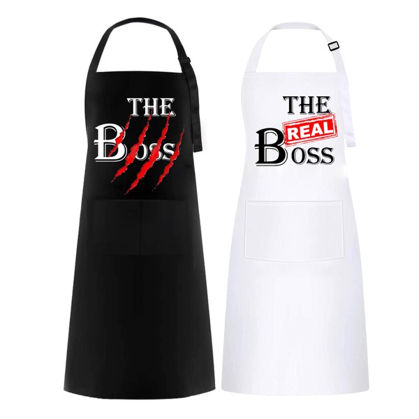 umboom 2 Pcs Mr & Mrs Apron, Cooking Apron for Couples, Adjustable Waterproof Kitchen Apron with 2 Pockets, Wedding Gifts Aprons for Newlyweds, Valentine's Day, Engagement, Anniversary (Boss Set)