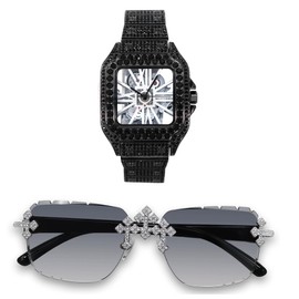 Men’s Iced-Out Triple Cross Set – Frameless Sunglasses & 40mm Iced Square Watch, Bold Hip-Hop Fashion, Ideal Gift for Him - Black Finish