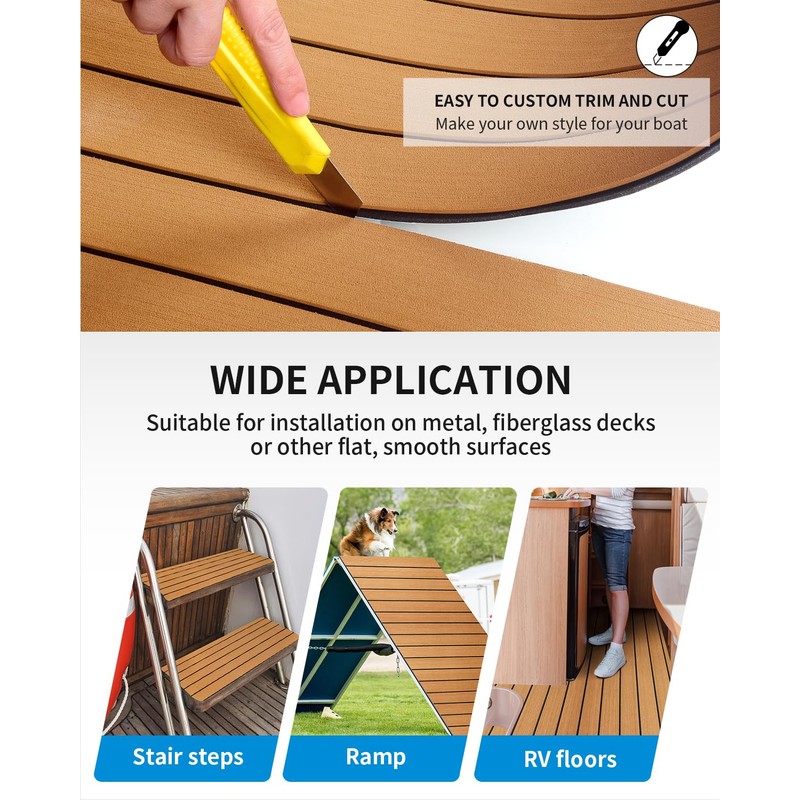 OCEANBROAD Boat Flooring EVA Foam Self-Adhesive 96''x45.6''/36''/28.8''/16.8'' Faux Teak Marine