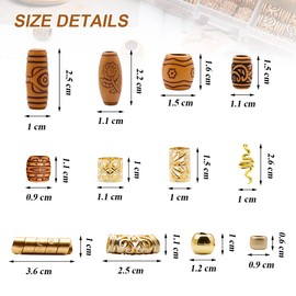 Dotilili Hair Beads for Braids, 124 Pcs Gold Hair Jewelry Braids Dreadlock Accessories Aluminum Metal Hair Cuffs Decorations Pendant Wooden Beads for Braids