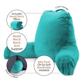 Clara Clark Reading Pillow, Back Rest Pillow for Sitting in Bed with Arms for Kids & Adults - Premium Shredded Memory Foam TV Sit Up Pillow - Large, Teal